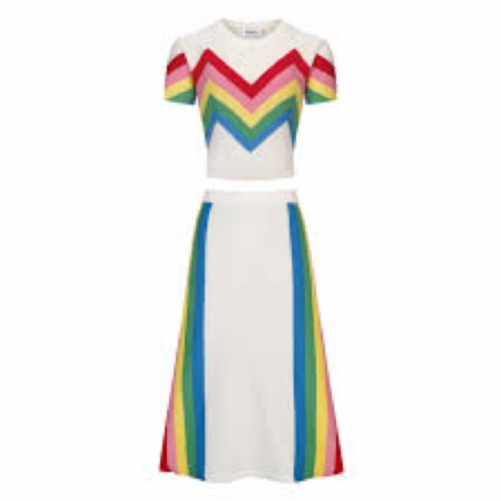 OXNIT Retro Rainbow-Stripe Short Sleeve Top and Skirt Set